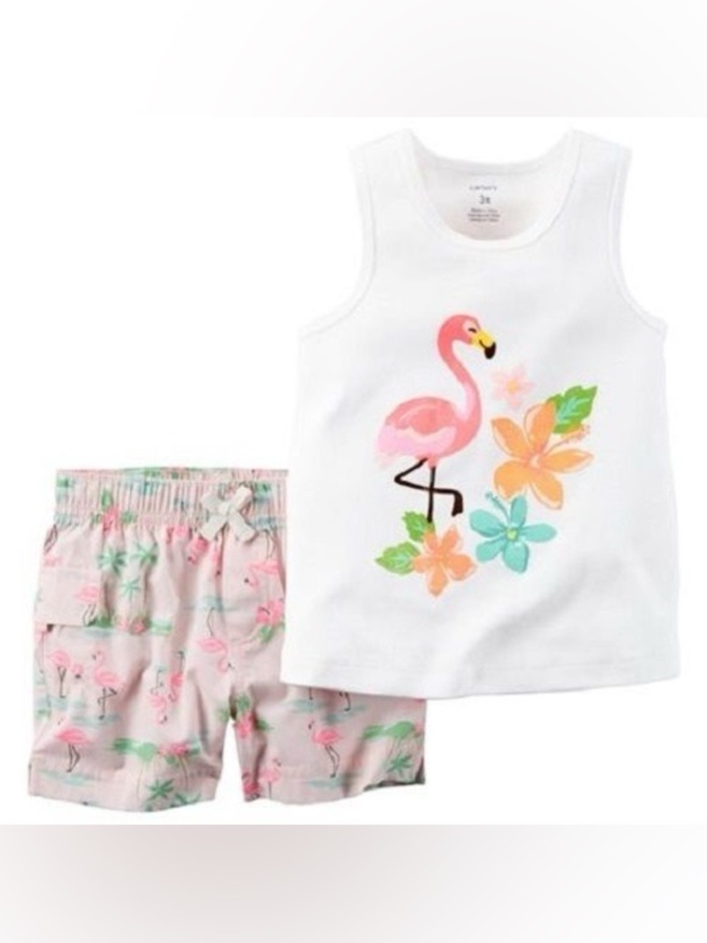 Carter's White Tank with Pink Flamingo & Light Pink Floral Shorts Pajama Set
